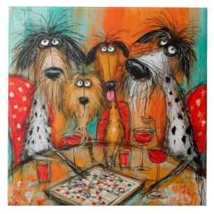 Carreau Soirée de jeu de chiens joueurs avec du vin