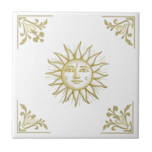 Carreau Soleil céleste avec visage or et blanc de style De