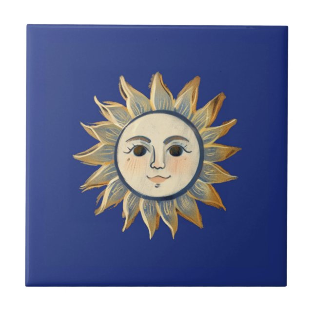 Carreau Soleil céleste avec visage or et bleu foncé (Devant)