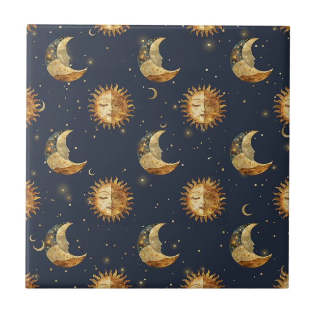 Carreau Soleil céleste et lune motif nuit étoilée dorée (Devant)