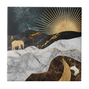 Carreau Soleil et Lune dorés avec Eléphant en Marbre Cosmi