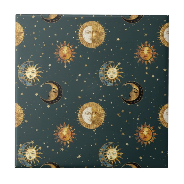 Carreau Soleil Lune Étoiles Bleu Minuit Céleste Doré (Devant)