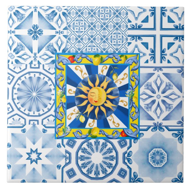 Carreau soleil sicilien, citron, mosaïque, majolica, (Devant)