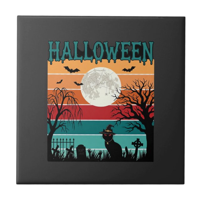 Carreau Sorcière de Halloween Chat Toile d'araignée Lune C (Devant)