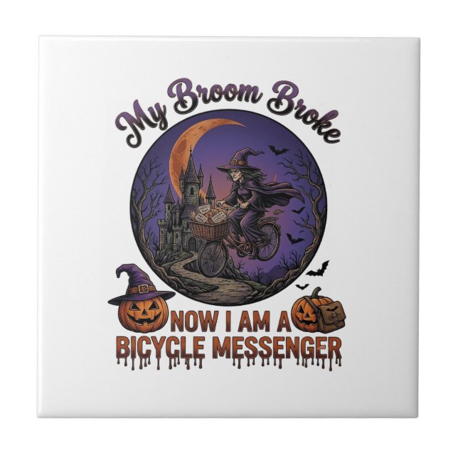 Carreau Sorcière de messager de vélo cassé balai Halloween (Devant)
