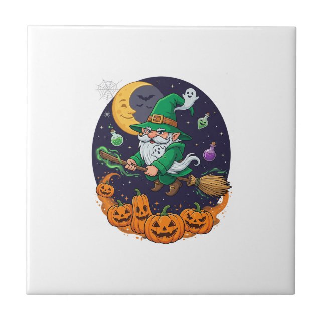 Carreau Sorcière d'Halloween Gnome Balai Citrouilles Lune (Devant)