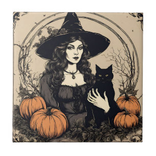 Carreau Sorcière d'Halloween vintage avec chat noir, Citro