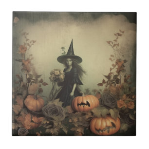 Carreau Sorcière gothique sépia avec citrouilles et roses