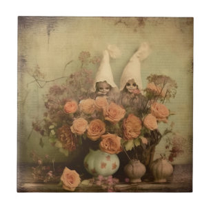 Carreau Sorcière gothique sépia avec citrouilles et roses