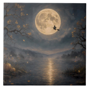 Carreau Sorcière sous la pleine lune gothique Halloween la