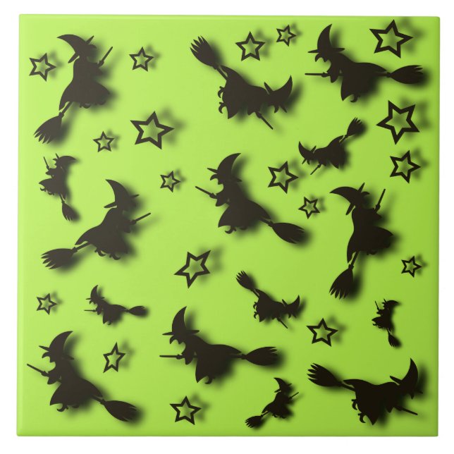 Carreau Sorcière volante parmi les étoiles à Halloween nui (Devant)