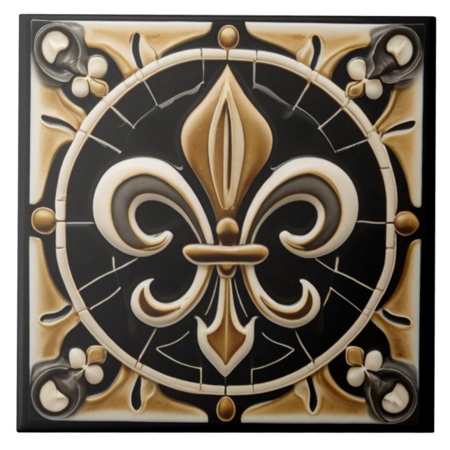 Carreau Soulagement Gold et Black Fleur de Lis Faux (Devant)