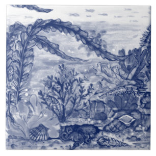 Carreau Sous la mer bleu foncé scène océan octopus murale