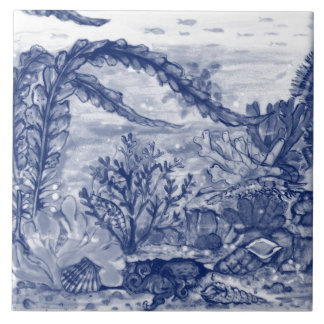 Carreau Sous la mer bleu foncé scène océan octopus murale 