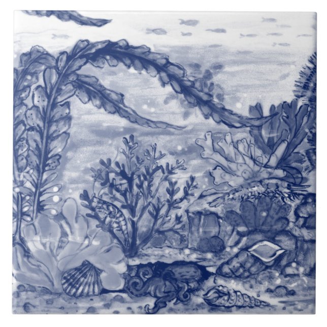 Carreau Sous la mer bleu foncé scène océan octopus murale  (Devant)