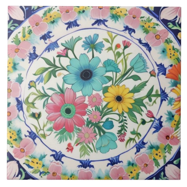 Carreau Spanish Colorful Vibrant Flowers Pink Blue Floral (Devant)