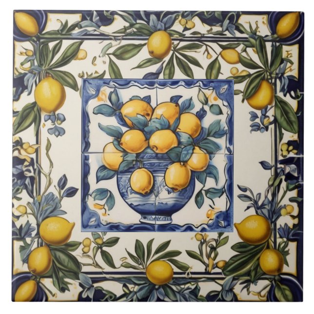 Carreau Spanish Lemons in Vase Pot Blue & White (Devant)