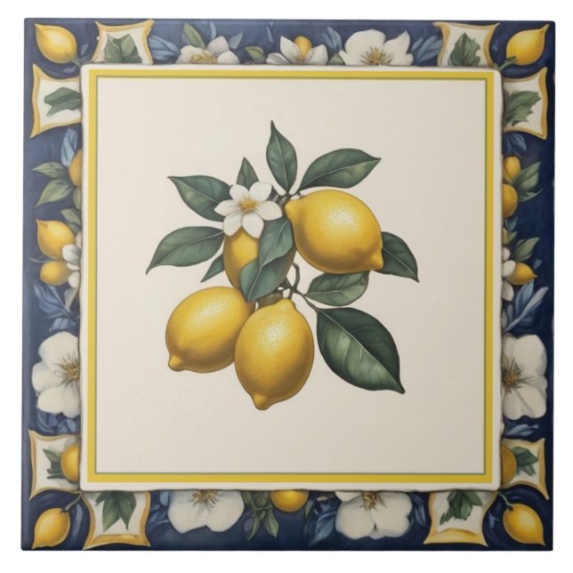 Carreau Spanish Lemons on Branch Lemon Leaves Blue & White (Devant)