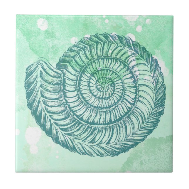 Carreau Spirale de coquillages bleus de plage à l'aquarell (Devant)