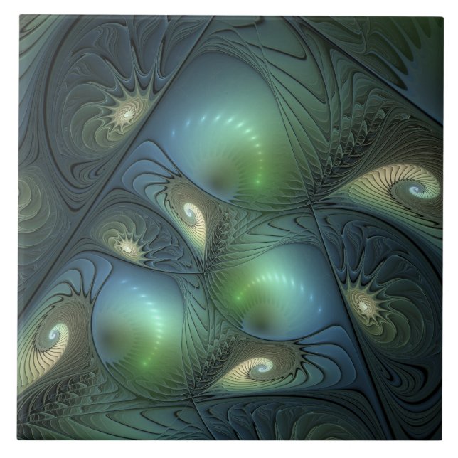 Carreau Spirales Turquoise Beige Vert Abstrait Fractal Art (Devant)