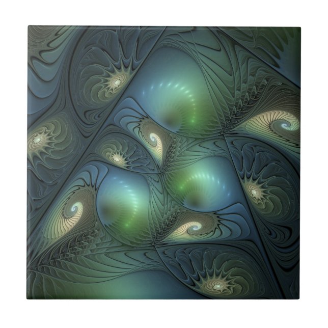 Carreau Spirales Turquoise Beige Vert Abstrait Fractal Art (Devant)