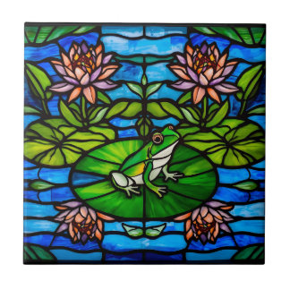 Carreau Stained Glass Green Frog and Water Lily Flowers 