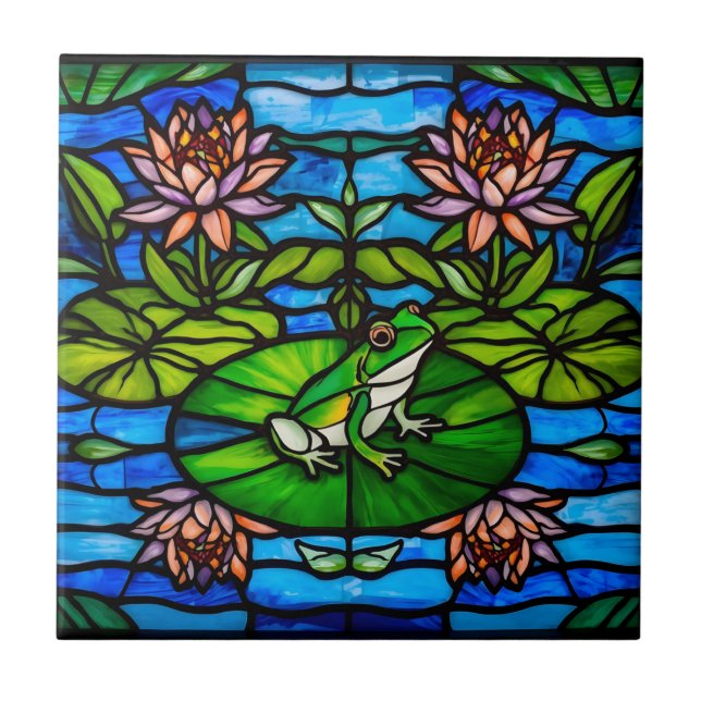 Carreau Stained Glass Green Frog and Water Lily Flowers  (Devant)