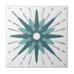 Carreau Starburst Turquoise & Silver<br><div class="desc">Carrelage moderne avec un grand starburst rétro turquoise en gras servant de point focal, complété par des éléments de conception de starburst argent moderne. Design céleste moderne et audacieux dans une palette de couleurs turquoise et blanche. Une conception d'une collection de coordination. Conçu comme un modèle, créez votre propre conception...</div>