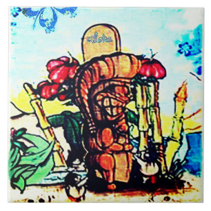 Carreau Statue de Tiki avec Menehune et Hibiscus