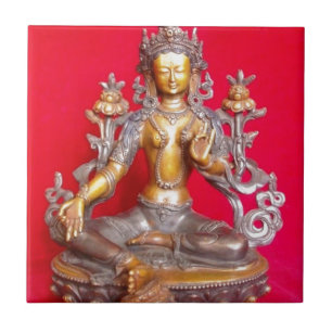 CARREAU STATUE VERTE EN BRONZE THIBET ANTIQUE TARA