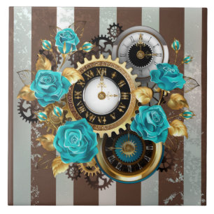 Carreau Steampunk Clock and Turquoise Roses on Striped