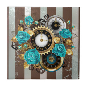 Carreau Steampunk Clock and Turquoise Roses on Striped