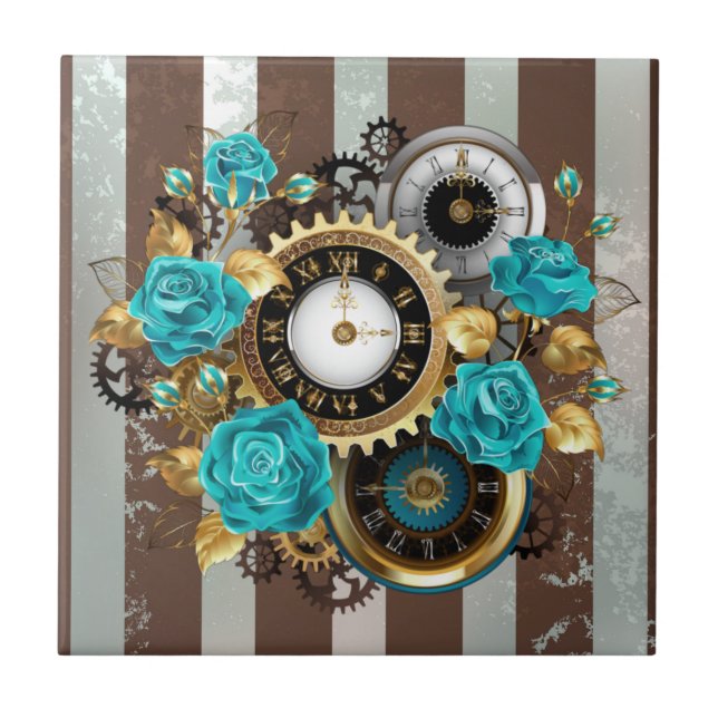 Carreau Steampunk Clock and Turquoise Roses on Striped (Devant)