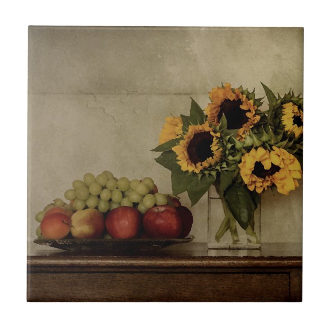 Carreau Still Life, Tournesols dans le Vase, Fruits dans l (Devant)