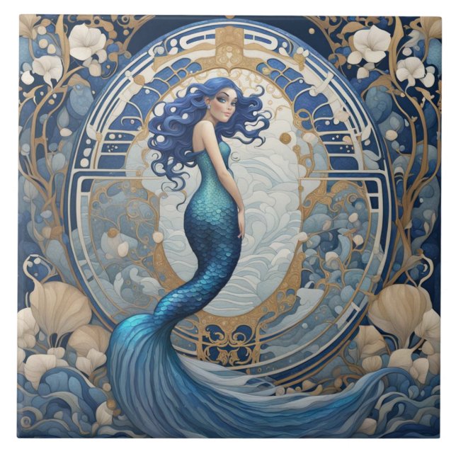 Carreau Style Art Nouveau Mermaid Bleu Art Déco (Devant)