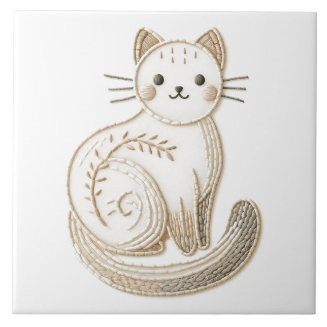 Carreau Style brodé Neutre Boho Kitty Chat Art (Devant)