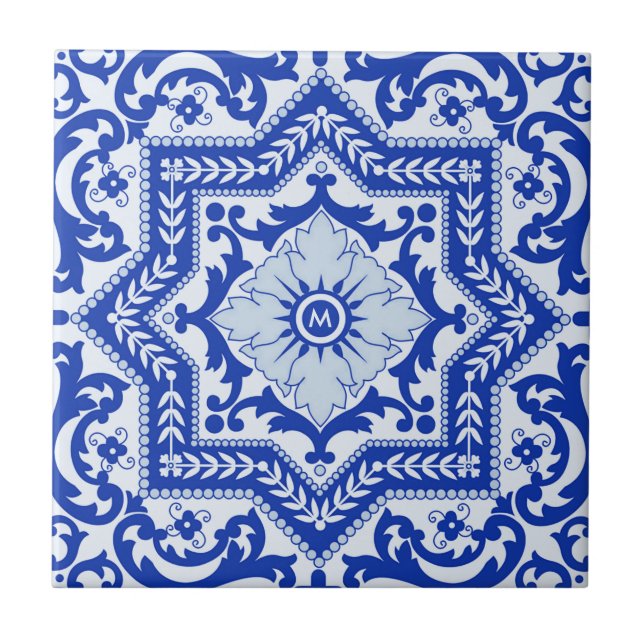 Carreau Style céramique bleu Azulejo Vintage Monogramme (Devant)