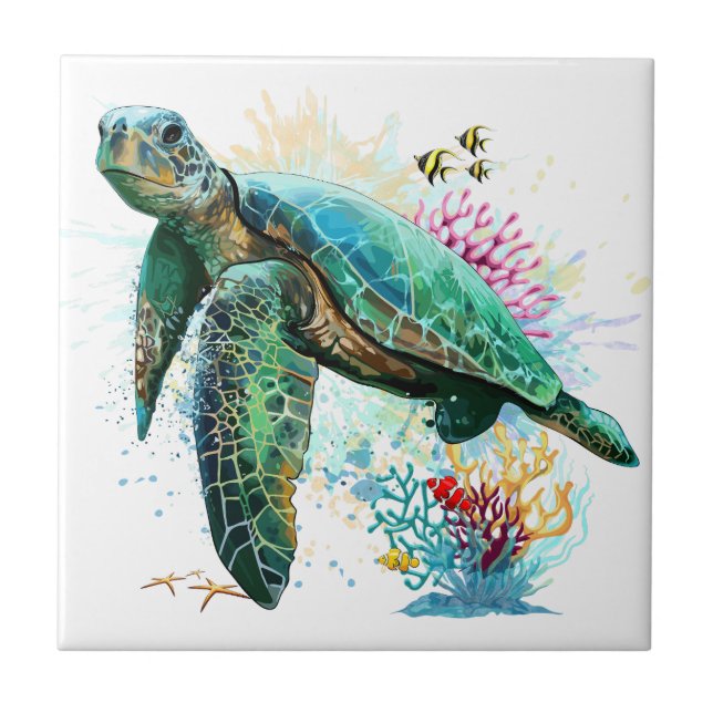 Carreau Style d'aquarelle sous-marine de tortue marine (Devant)