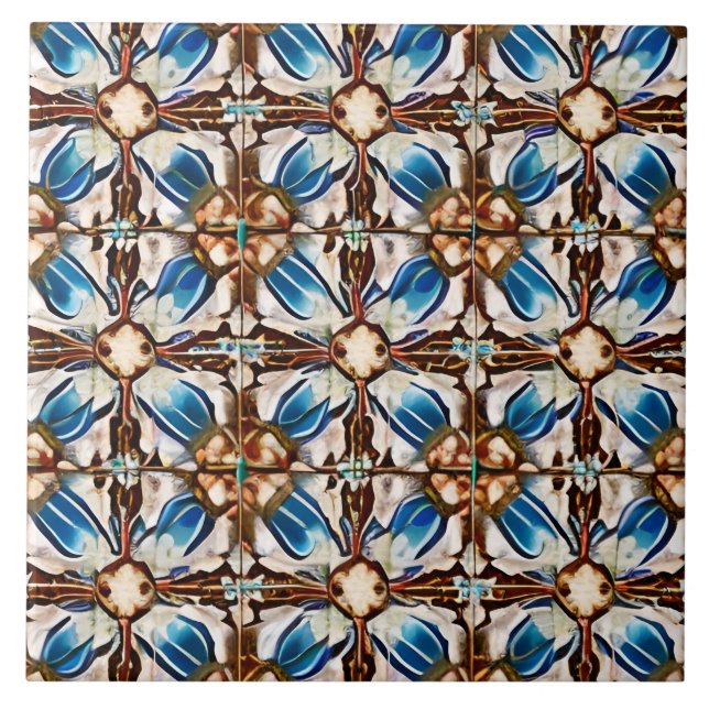 Carreau Style espagnol Simulé mosaïque Ecru bleu & Brown (Devant)