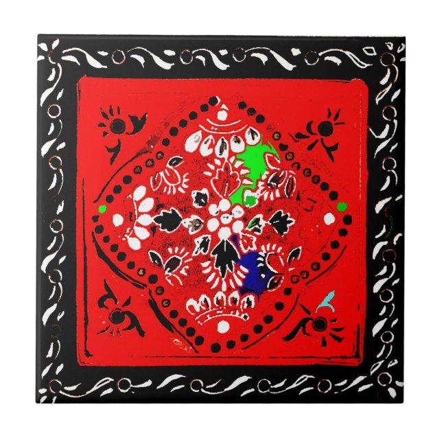 Carreau Style indien tuile florale rouge/noir (Devant)