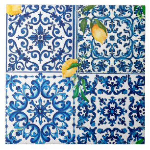 Carreau style italien, méditerranéen, mosaïque, bleu, citr