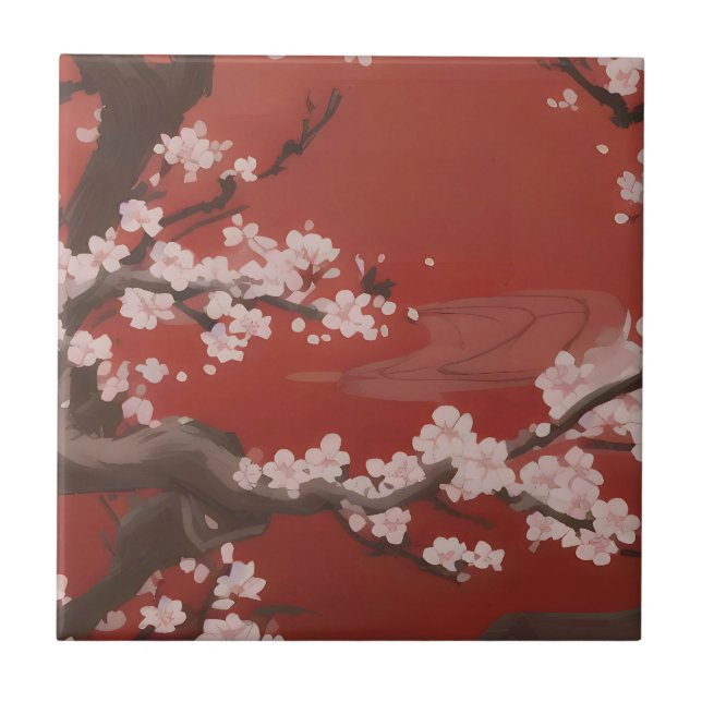 Carreau Style japonais Arte cerise blanche Fleur rouge (Devant)