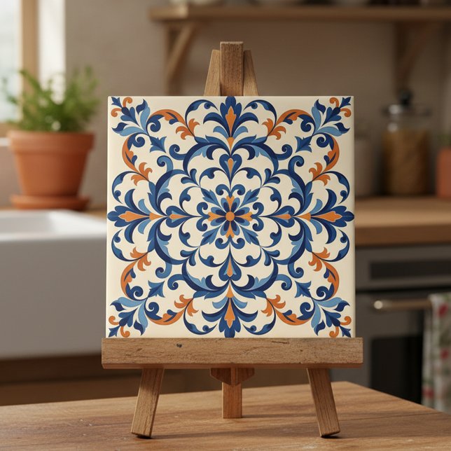 Carreau Style Méditerranéen Azulejo Bleu Nuit et Orange (Créateur téléchargé)