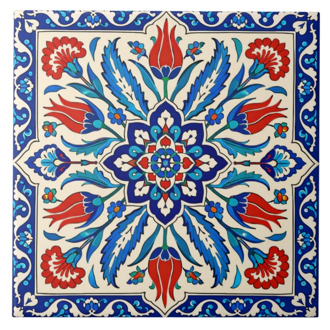 Carreau Style Ottoman Bleu Motif Tulipe Rouge (Devant)