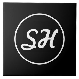 Carreau Style Rétro-Moderne Monogramme   Noir & Blanc