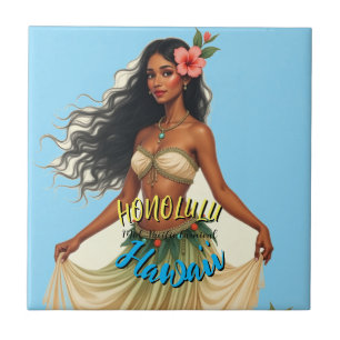 Carreau Style vintage Hawaiian Travel Honolulu Hula Girl