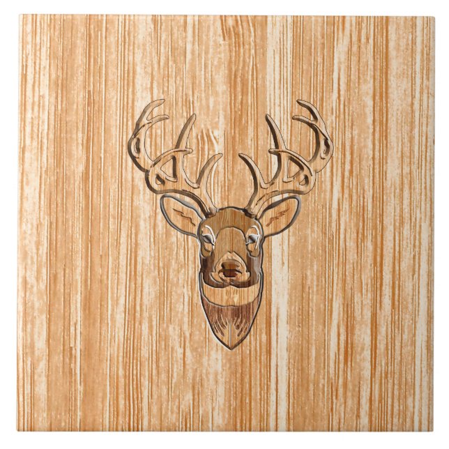Carreau Style White Tail Deer Head Light Wood Grain Déco (Devant)