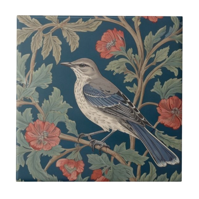Carreau Style William Morris Face gauche Mockingbird Bird (Devant)