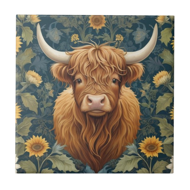 Carreau Style William Morris Highland Cow Yellow Sunflower (Devant)