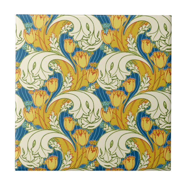 Carreau Style William Morris Tulp Tissu Floral Turquoise e (Devant)